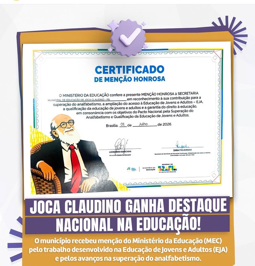 Joca Claudino ganha destaque na educação e município recebe menção honrosa do MEC